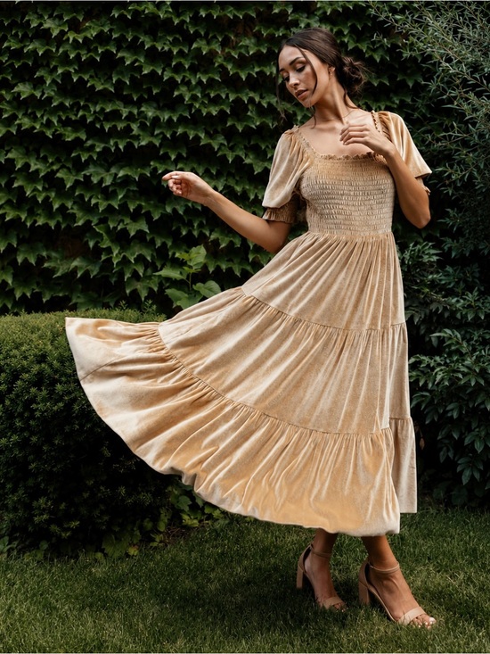 Baltic Born Dresses & Skirts - Baltic Born | Vivaldi Gold Velvet Smocked Neck Tiered Puff Sleeve Midi Dress ~ M